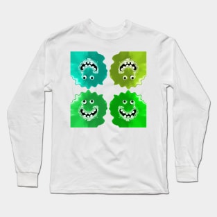 Goofy Green Jelly Monster Emoji Pixel Smiling Face Long Sleeve T-Shirt